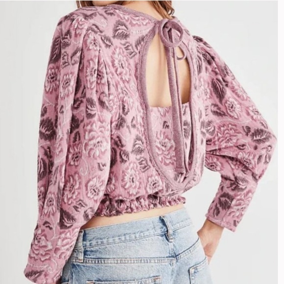 Free People No Ordinary Floral Jacquard Knit Puff Sleeves Top Pink Open Back - Picture 14 of 16